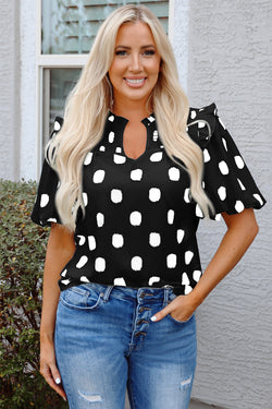 Black Polka Dot Stampa giogo a shirted coglione manica a palloncini.