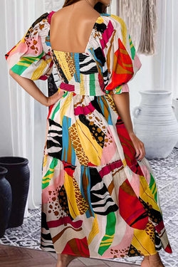 Numero bianco Smock Smocking Stampa ad astratto Boho Maxi Dress