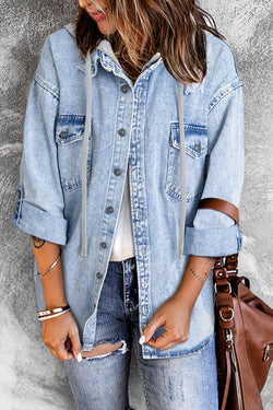 Giacca in denim con cappuccio di contrasto oversize blu nebbia