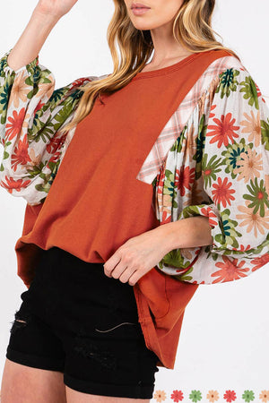 Desert Gold Floral Buff Sleeve Rethand Blouse de pescoço redondo