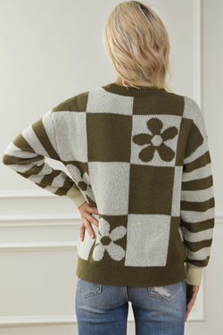 Maglione a strisce floreali a scacchi marrone