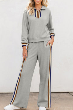 Black Striped Patchwork Quarter Zip Pullover Loose Pant Set