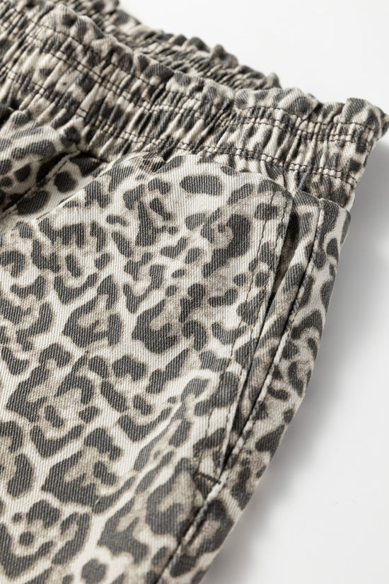 Brown Leopard Print Raw Hem Elastic Waist Loose Pull On Jeans