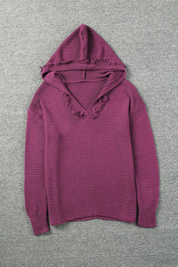 Maglione con cappuccio con pausa con caduta a costine a vello a V nero