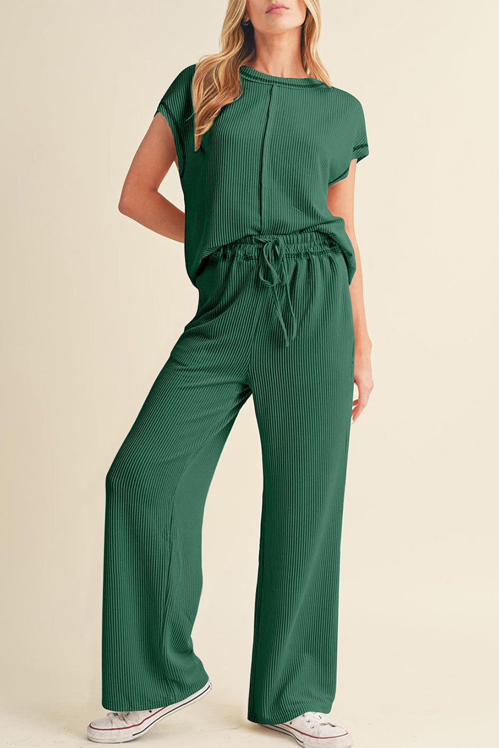 Azul marino azul sólido sólido tapa de manga corta y pantalones casuales set