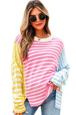 Mulicolor Block Block listrado retalhos de retalhos Dolman Sleeve Slit Sweater