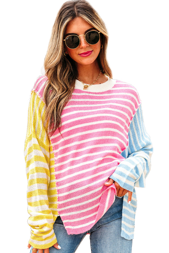 Mulicolor Block Block listrado retalhos de retalhos Dolman Sleeve Slit Sweater