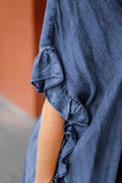 Dusk Blue Chambray Ruffle Hem Mede manga abierta Kimono suelta