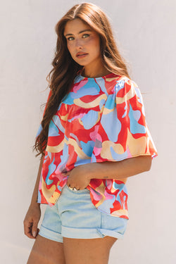 Multicolour Abstract Pattern Assicch Wide Clew Neck Blouse