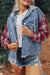 Beau Blue Plaid Print Patchwork Hooded Raw Hem Denim Jacket