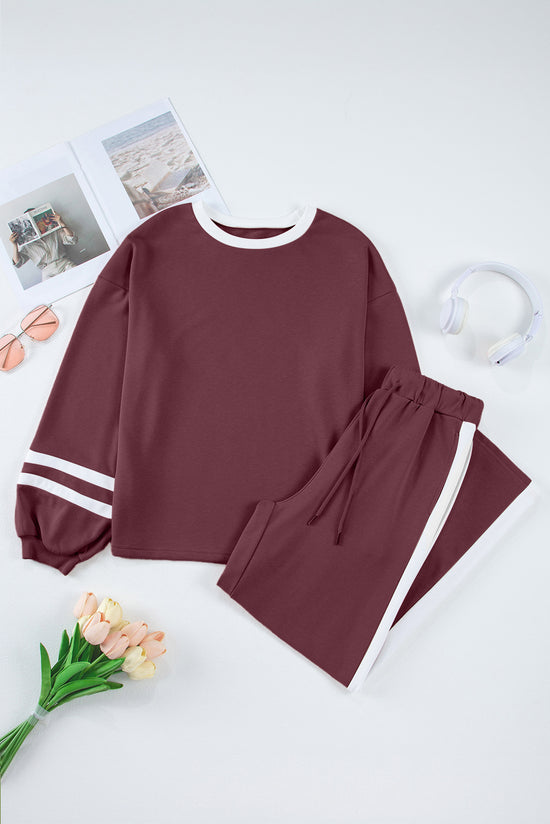Ensemble pantalon et pull à manches bouffantes en patchwork à rayures universitaires rouge minéral avec cordon de serrage et pantalon à jambes larges