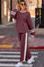 Ensemble pantalon et pull à manches bouffantes en patchwork à rayures universitaires rouge minéral avec cordon de serrage et pantalon à jambes larges