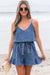 Correas de espagueti azul Ashleigh V Neck Belted Labio Rushled Chambray Romper