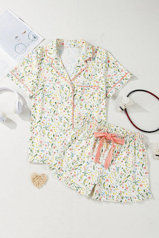 Floral Print Contrast Pipping Short Pajamas Set