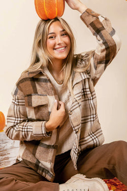 Light French Flannel Plaid Double Slap Pocket Chacket