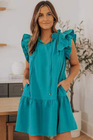 Mini vestido de mangas com babados em camadas verdes com bolsos