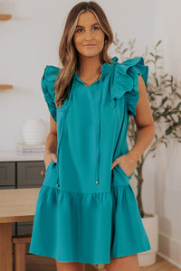 Mini vestido de mangas com babados em camadas verdes com bolsos