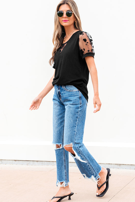 T-shirt à col état-pied en dentelle Black Flora
