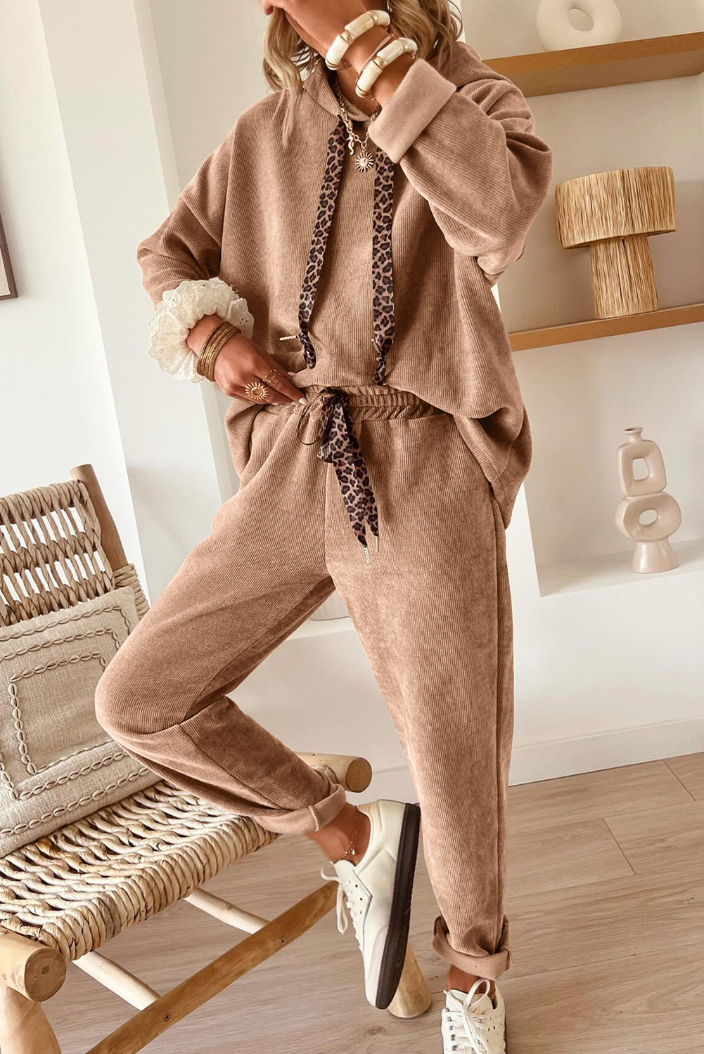 Jet Stream Lace Drawstring Pullover Hoodie and High Waist Pants Corduroy Suit