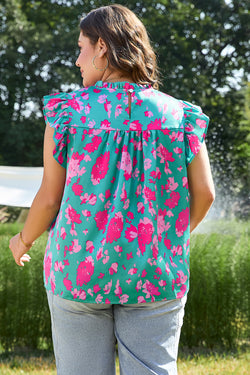 Dettagli smock floreali verdi arruffato plus size camicetta