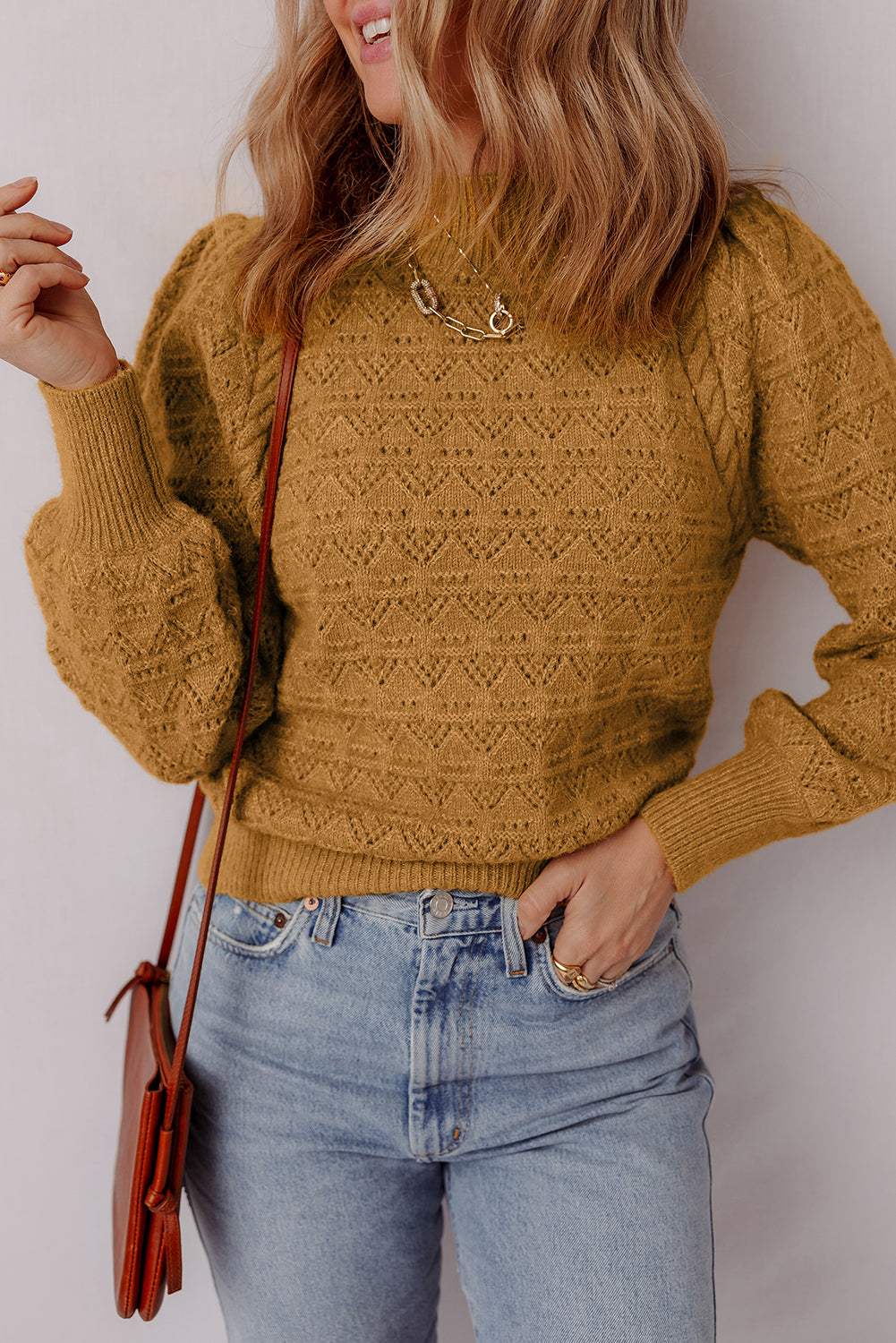 Jurassic Gold Hollow Out Crochet Cankbed Edge Sweater de manga de balón