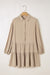Tan Puff Sleeve Buttoned Tiered Pleated Shirt Mini Dress