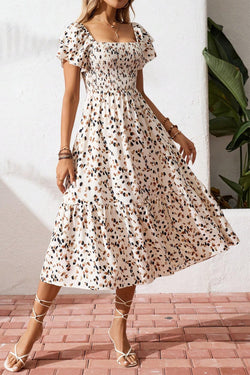 Beige Ditsy Floral Print Smocked Square Neck Ruffle Short Sleeve Dress