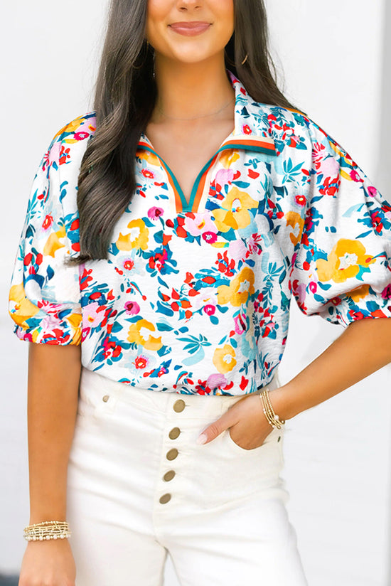 Blusa de manga curta rosa de estampa floral com estampa floral V de pescoço