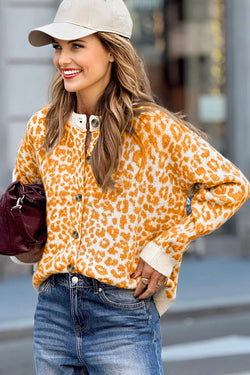 Khaki Leopard Drop Shoulder Chunky Knitted Cardigan Sweater