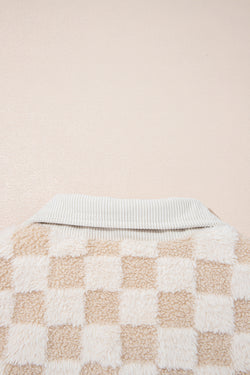 Khaki Checker Sherpa Corduroy Patchwork Zip up Collared Jacket