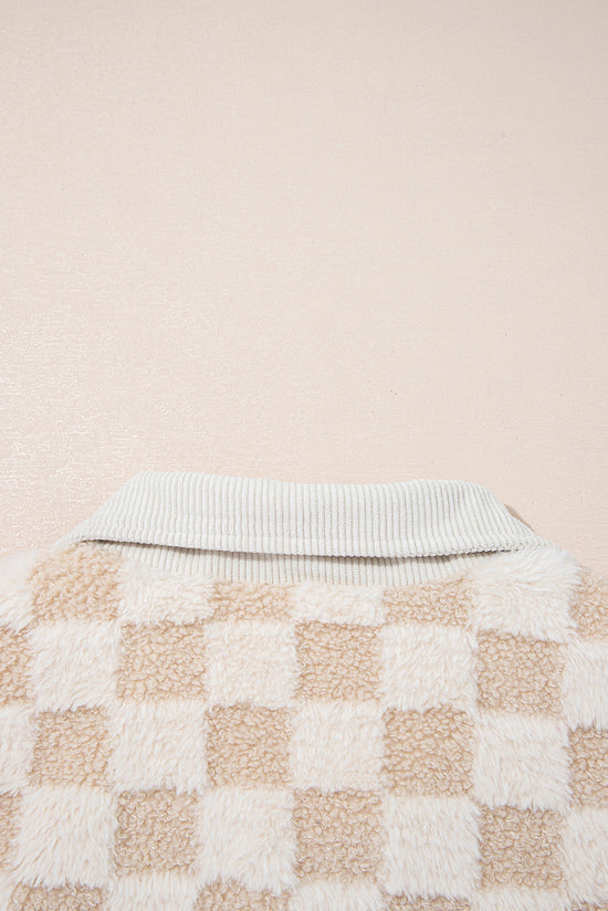 Khaki Checker Sherpa Corduroy Patchwork Zip up Collared Jacket
