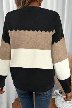 Brown Colorblock Crew Neck Drop Shoulder Sweater