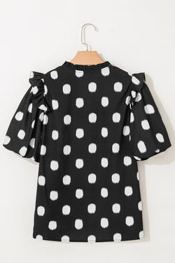 Black Polka Dot Stampa giogo a shirted coglione manica a palloncini.