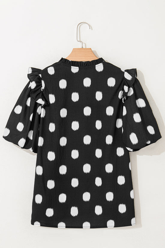 Black Polka Dot Stampa giogo a shirted coglione manica a palloncini.