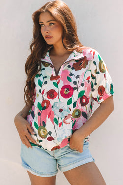 Blusa a manica corta a taglio a vmulla floreale rosa