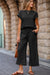 Black Solid Color Textured Short Sleeve Top and Casual Pants Set