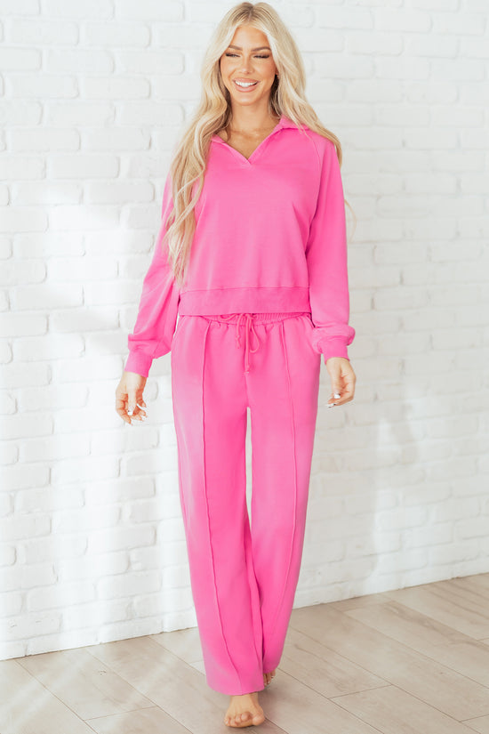 Sachet Pink Solid Color Collared Pullover and Central Seam Pants Set
