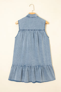 Beau Blue Bowknot Neck sin mangas con volantes Vestido de chambray