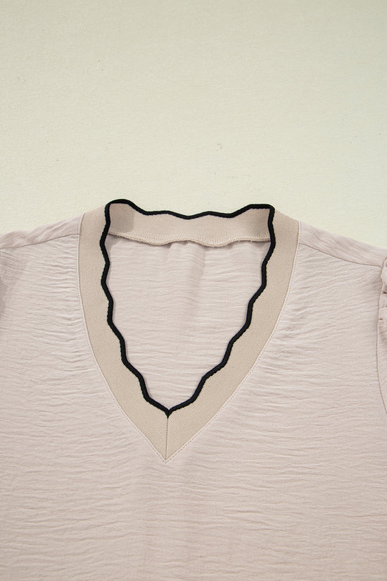 Jet Stream Contrast Scallop Trim V Neck Long Sleeve Blouse
