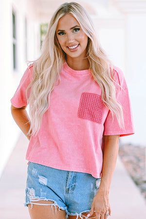 T-shirt de poche de lavage à acide rose