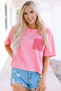 T-shirt de poche de lavage à acide rose
