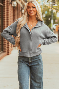 Gray Waffle Splicing Zip Up Front Button Hooded Jacket