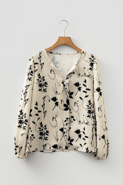 Blusa estampado floral botánico manga larga con cuello dividido color caqui
