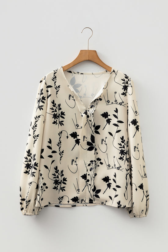 Blusa estampado floral botánico manga larga con cuello dividido color caqui