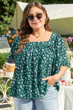 Blusa per le dimensioni plus size per il collo quadrato con stampa floreale verde