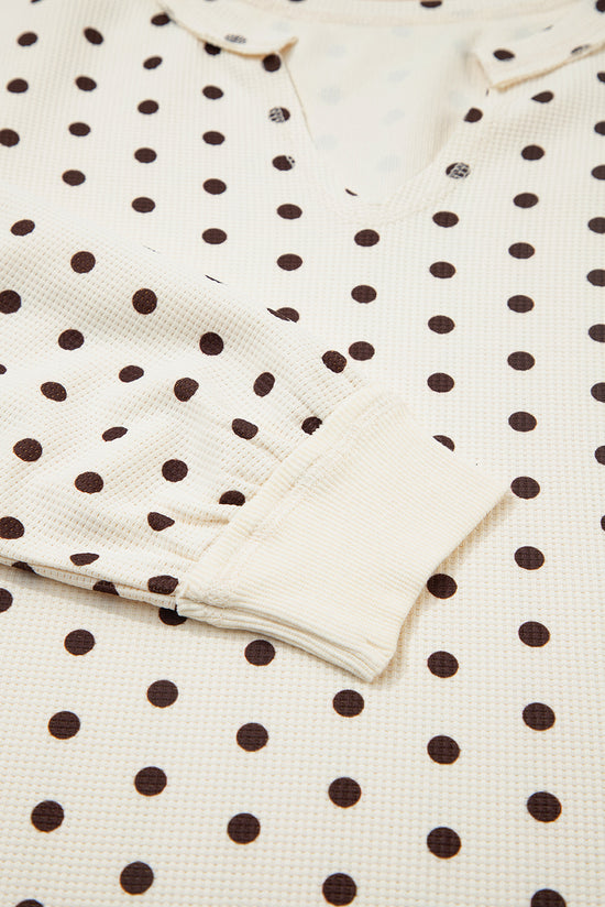 White Polka Dot Print Notched Neck Long Sleeve Top Drawstring Jogger Pants Waffle Knit Lounge Set