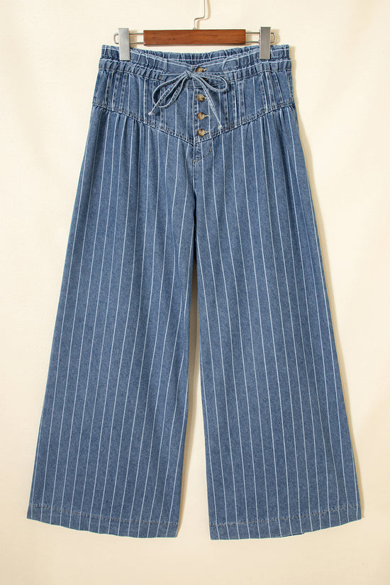 Vaqueros de pierna ancha casual con cordón plisado y botones a rayas azul cielo