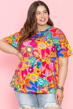 Manica corta con stampa floreale rosa Plus size babydoll camicetta