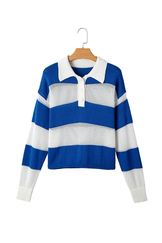 Stripe blu a strisce colorblock polo collare uncinetto maglia a maglia