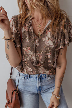 Kaki Retro Floral Stampa floreale Tracca a manica corta a collo diviso